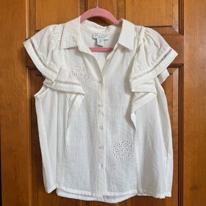 Calypso St. Barth Cream Eyelet Flutter-Sleeve Button Front Blouse